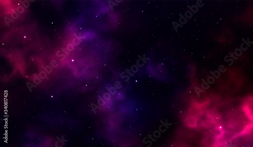 Space background Fantastic outer view with realistic bright stars and cluster of gas clouds. Universe with nebulae, galaxies and star clusters. Infinite cosmic open spaces. Vector illustration