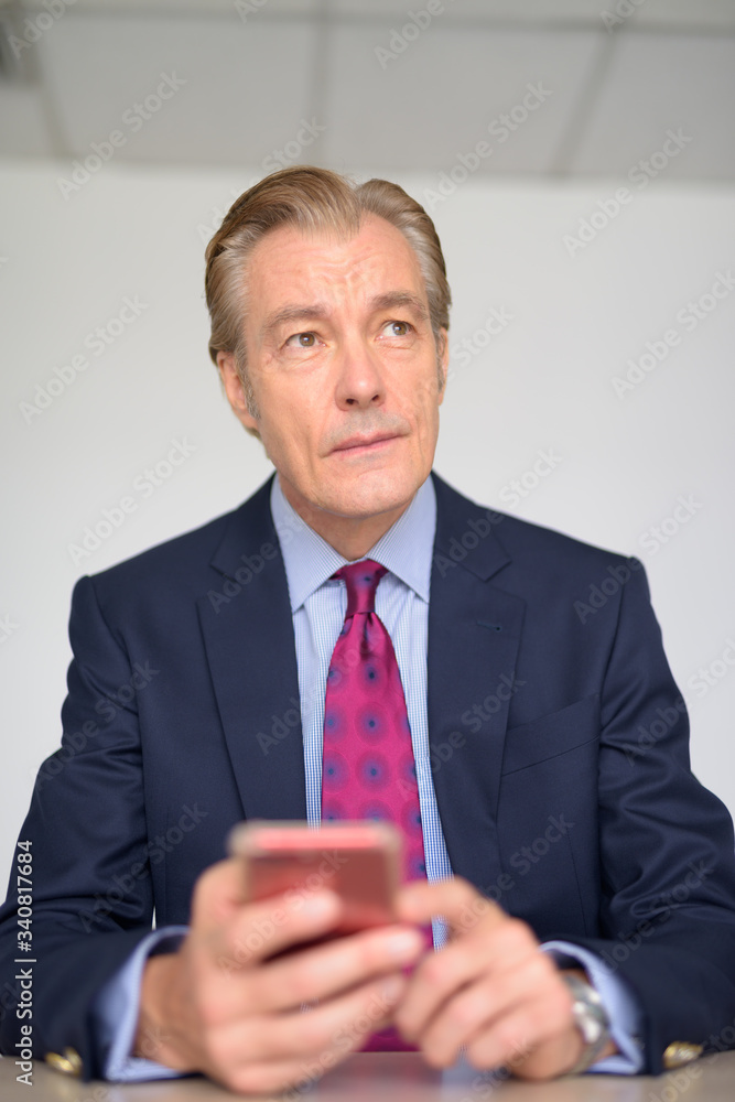Mature handsome businessman thinking while using phone at work Mature handsome businessman thinking while using phone at work