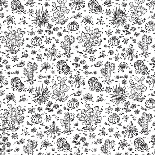 Mexican flora Vector Seamless pattern. Nature of Mexico. Hand drawn doodle Plants, Cactus
