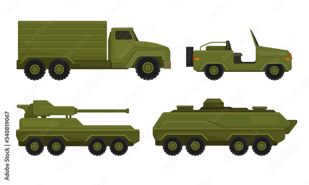 Armored Military Vehicles with Heavy Tank System and Cargo Truck Vector Set Armored Military Vehicles with Heavy Tank System and Cargo Truck Vector Set