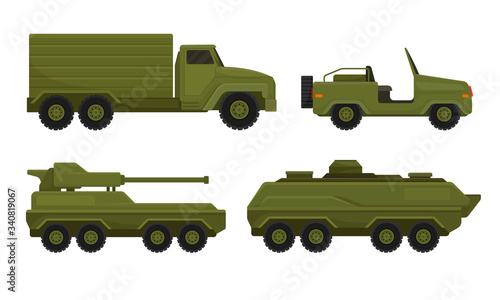 Armored Military Vehicles with Heavy Tank System and Cargo Truck Vector Set