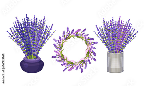 Lavender Floral Twigs Put in Flower Pots and Arranged in Wreath Vector Set