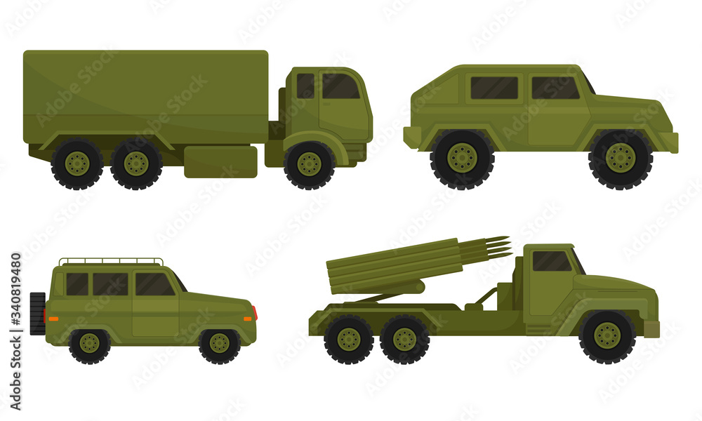Obraz premium Armored Military Vehicles Isolated on White Background Vector Set