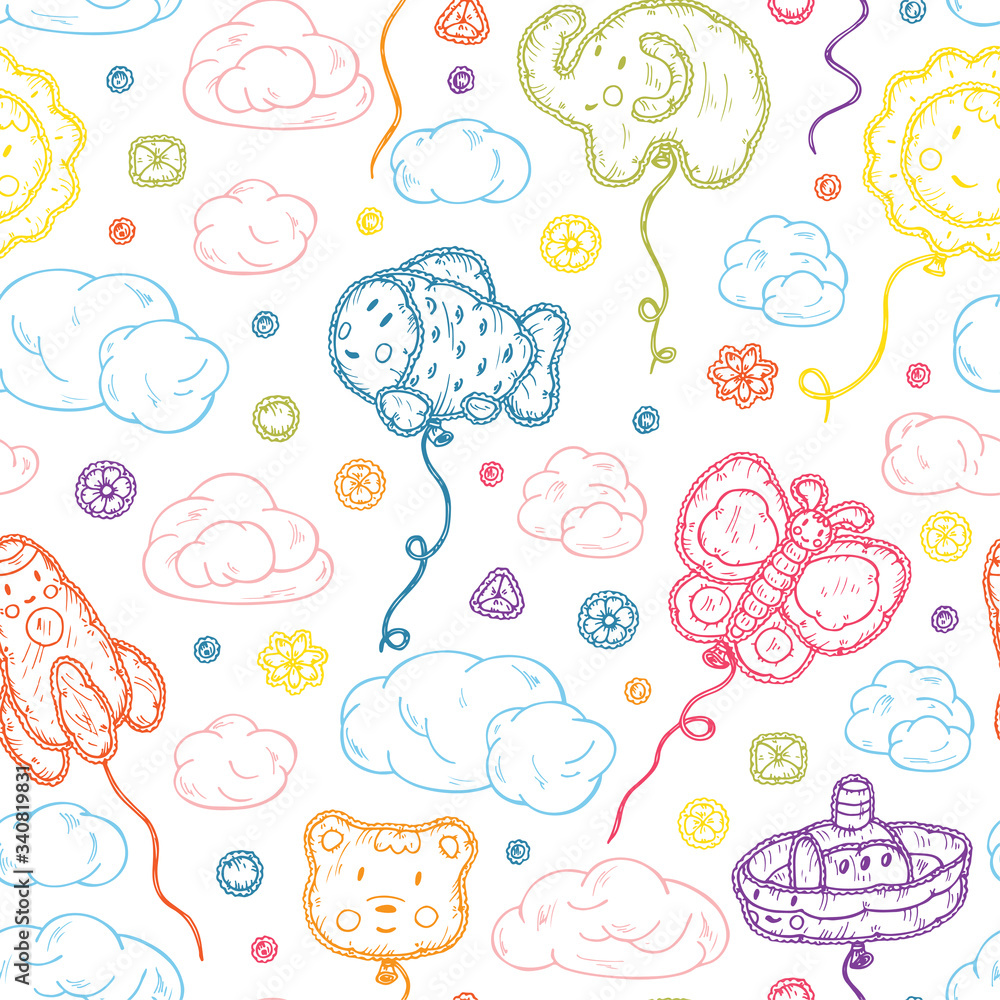 Kids toys. Beach Inflatable Toys. Balloons. Kawaii toy. Hand Drawn doodle clouds, ship, sun, bear, rocket, butterfly, elephant, fish - Vector Seamless Pattern. Cute background for kids
Kids toys. Beach Inflatable Toys. Balloons. Kawaii toy. Hand Drawn doodle clouds, ship, sun, bear, rocket, butterfly, elephant, fish - Vector Seamless Pattern. Cute background for kids