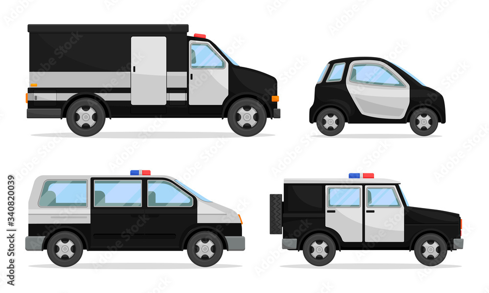 Police Vehicles with Patrol Car and Van Vector Set