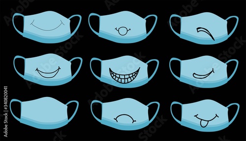 set of medical respiratory masks with drawings. Cute faces on masks. Isolated on a white background. Antiviral agent. Coronavirus protection. Hygiene. Personal protective equipment..