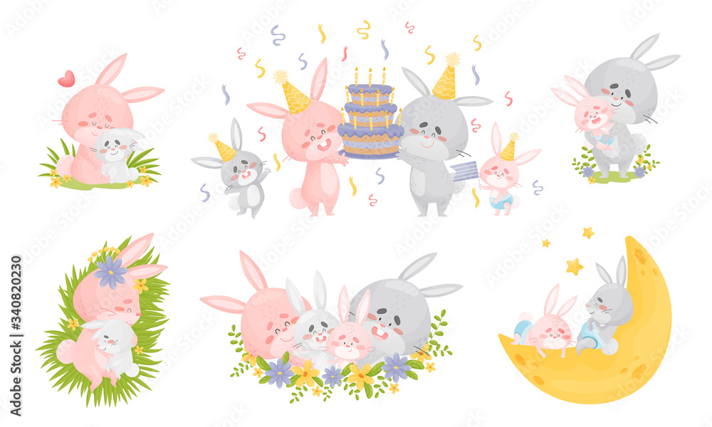 Family of Rabbits with Long Pointed Ears and Red Cheeks Spending Time Together Vector Set Family of Rabbits with Long Pointed Ears and Red Cheeks Spending Time Together Vector Set