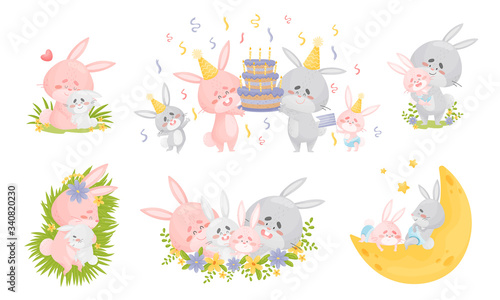 Family of Rabbits with Long Pointed Ears and Red Cheeks Spending Time Together Vector Set