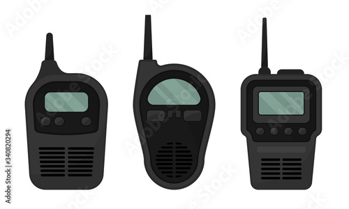 Black Portable Radio Device or Walkie Talkie with Antenna Vector Set