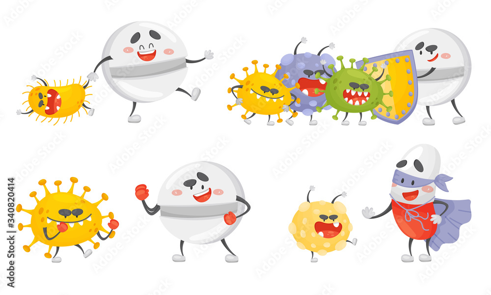 Fototapeta premium Medical Tablets and Pills Fighting Against Virus and Microbes Vector Set