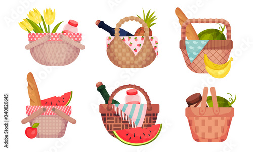 Picnic Baskets Full with Foodstuff Like Fruit and Bread Vector Set