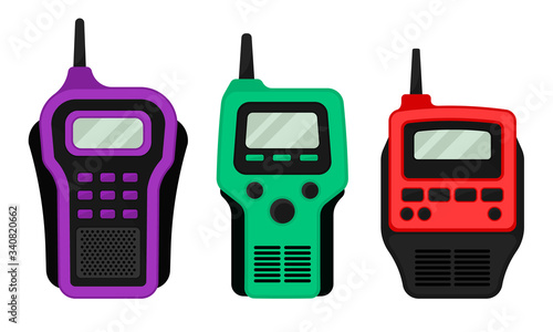 Colorful Portable Radio Device or Walkie Talkie with Antenna Vector Set