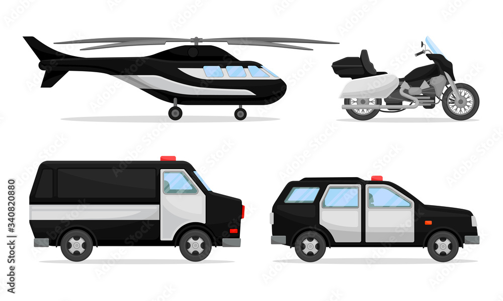 Police Vehicles with Patrol Car and Helicopter Vector Set