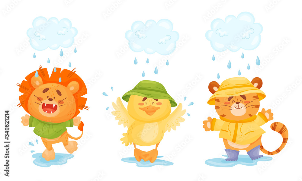 Happy Animals Wearing Raincoat Jumping in Puddles Vector Set Happy Animals Wearing Raincoat Jumping in Puddles Vector Set