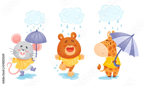 Smiley Animals Wearing Coat Walking in Rainy Day with Umbrella Vector Set