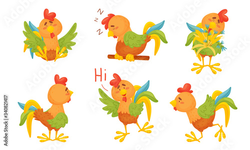 Rooster Funny Character with Bright Feathers Sleeping on Perch and Greeting Vector Set