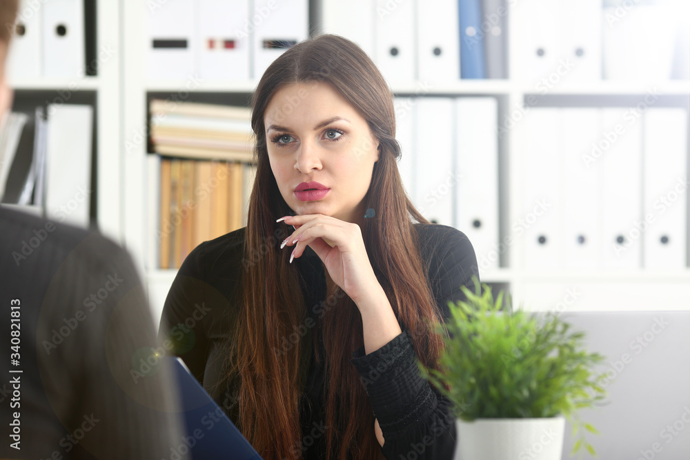Man and smiling mature woman talking in office. Client or companion support white collar partner profit positive friendly summit clerk bargain or deal discussion concept Man and smiling mature woman talking in office. Client or companion support white collar partner profit positive friendly summit clerk bargain or deal discussion concept