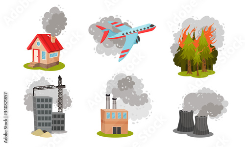 Air Pollution Sources with Industrial Radioactive Waste and Smoke Vector Scene Set