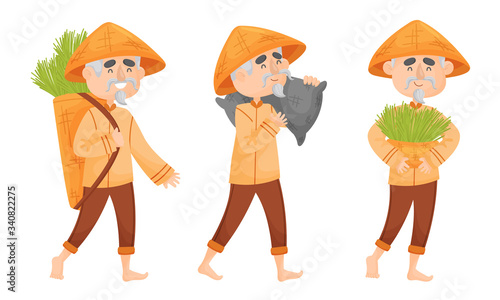Chinese Farmer in Conical Hat Carrying Sacks with Green Grass Blades Vector Set