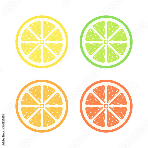 Half slice assorted citrus fruit simple with pulp flat vector icon design set. Sign or symbol of lemon lime orange and grapefruit.