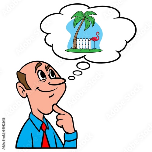Thinking about Retirement - A cartoon illustration of a man thinking about Retirement or a Vacation.