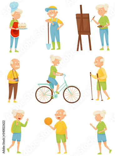 Old People Engaged in Different Activities Vector Set