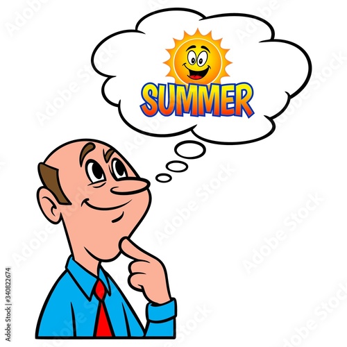 Thinking about Summer - A cartoon illustration of a man thinking about Summer.