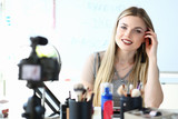 Beauty Vlogger Recording Cosmetics Using Advice. Makeup Video Blog Podcast. Caucasian Girl Talking about Face Visage Technique. Beautiful Young Lady Looking at Digital Camera Smile