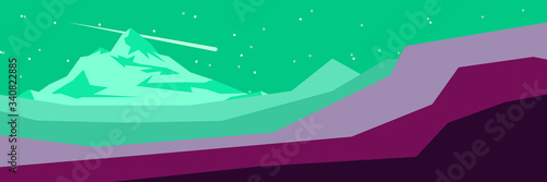 Vector landscape panorama with mountain range, star and sky in aqua menthe color tones.