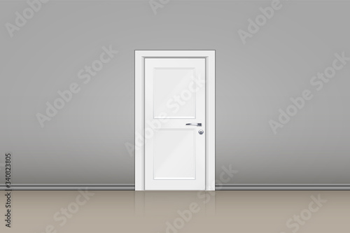 Interior of grey wall with closed door in the center. Classic room concept. Vector Illustration.