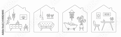 Stay at home during the coronavirus quarantine. Apartment with furniture and home decorations. Monochrome vector illustration, isolated on white background