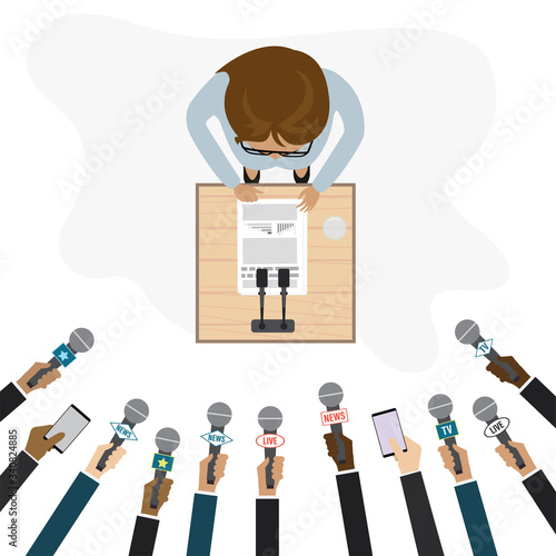 Businesswoman speaks at a press conference. Hands of different journalists hold microphones. Press release.
