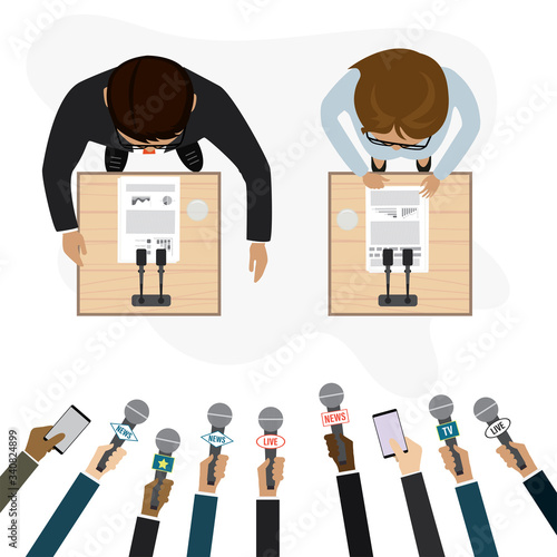 Joint press conference. Hands of different journalists hold microphones. Press release. Cartoon politicians speaks,