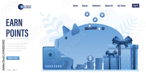 Earn points landing page template. Piggy bank,gift boxes and bonus card. Loyalty, bonus program