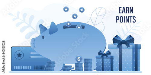 Earn points concept background. Piggy bank,gift boxes and bonus card. Loyalty, bonus program
