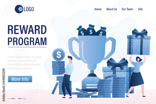 Reward program landing page template. Happy people consumers hold in hands gift boxes.