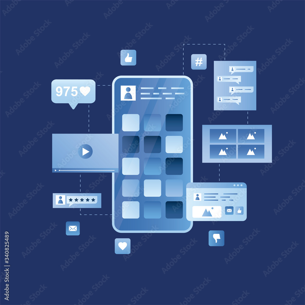 Modern smartphone with app buttons on display. Social media content. Social network profile and video,photo,messengers Modern smartphone with app buttons on display. Social media content. Social network profile and video,photo,messengers