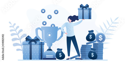 Happy woman consumer holds in hand gift box. Earn Point Concept. Loyalty,bonus program with prizes and cashback