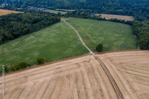 Aerial view of green fields in rural France