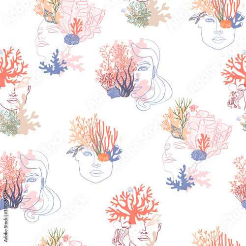 Seamless pattern with woman face portrait with underwater world, coral, jellyfish, shells, algae and plants. Editable vector illustration.