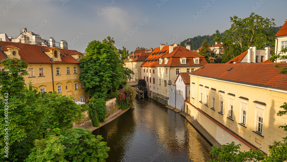 Certovka Canal running through local neighbourhood in Prague, Czech Republic