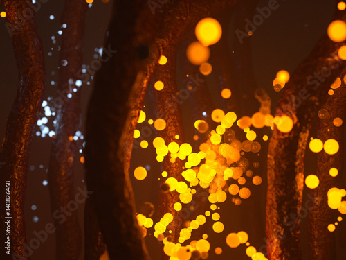 Yellow glowing particles, bacteria, viruses in a dark red foggy room.