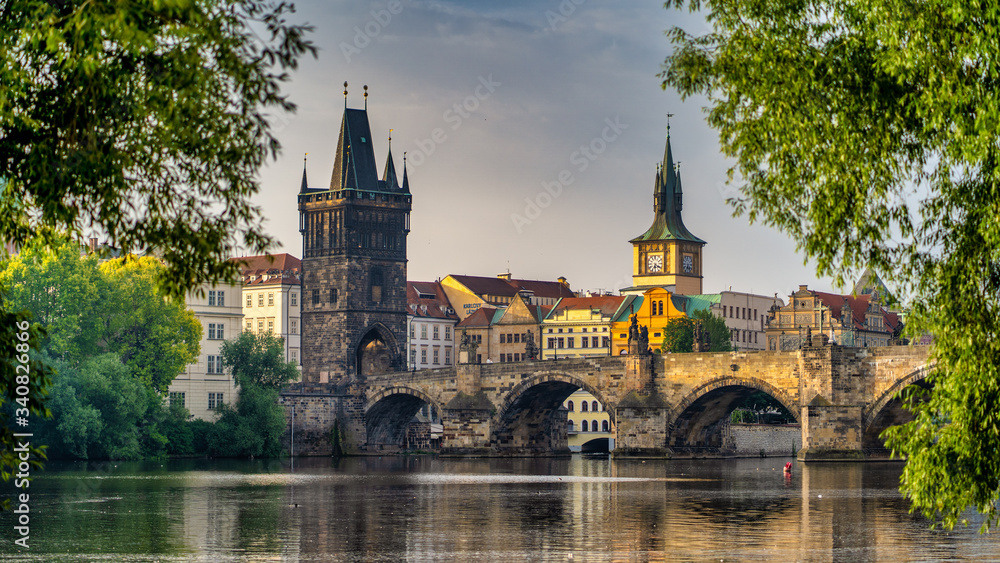 Fototapeta premium Charles bridge, view from river Vltava, Czech Republic. View of the Charles Bridge in Prague, Czech republic
