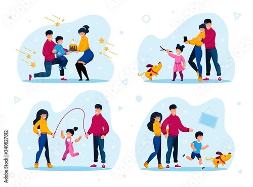 Family Relationships Happy Moments Trendy Flat Vector Concepts Set. Parents Celebrating Kids Birthday, Child Playing with Dog, Daughter Jumping on Rope with Father and Mother Isolated Illustrations