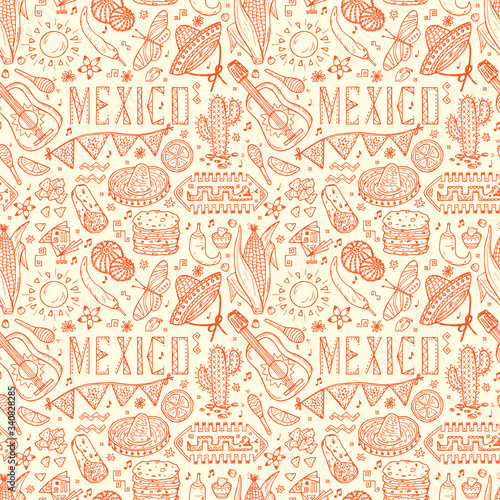Mexican items. Mexico Vector Seamless pattern. Hand drawn doodle Elements of Mexican Culture. Cinco de Mayo 