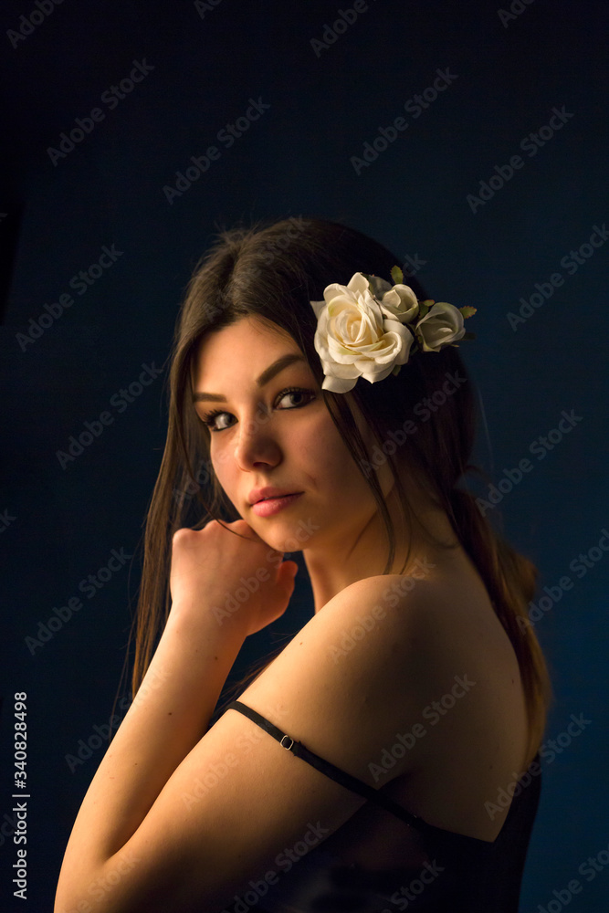 woman with white rose stdio shoot