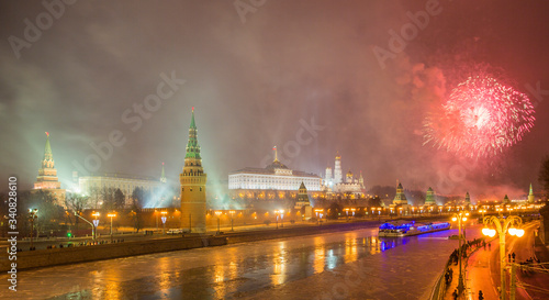 fireworks over the moscow kremlin russia