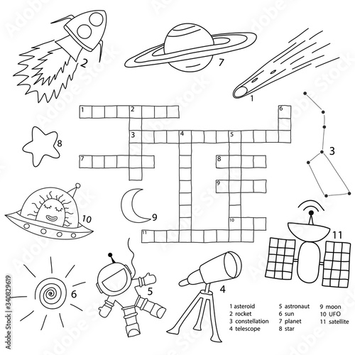 Crosswords puzzle game for preschool kids. Activity worksheet printable version. Vector hand drawn illustration. Kids black and white activity sheet space doodle set