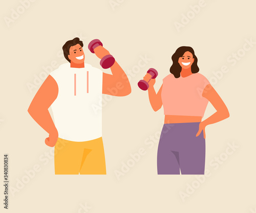 Sport fitness man and woman with dumbbells. Healthy lifestyle vector illustration