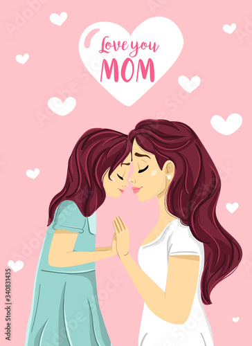 Love you Mom hand drawn greeting card, poster, banner. Mother and daughter holding hands. Family, parenthood, childhood concept. Mom and child cute cartoon. Warm relationships illustration. Vector
